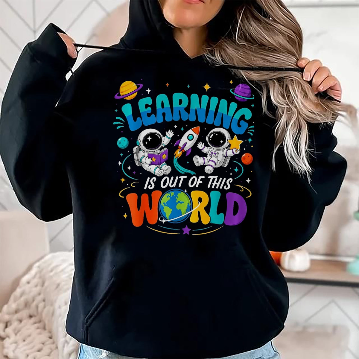 Best Student Shirt, Funny Back To School UnisexT-Shirt/Hoodie/Sweatshirt HLT00 - Learning is Out of This World Space Back to School Teacher T-Shirt, Women, Black, Small