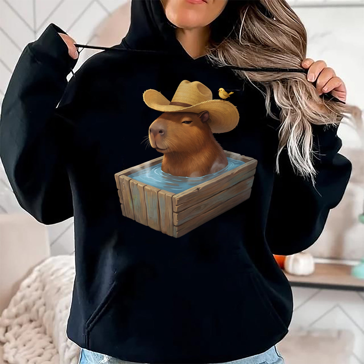 Cute Capybara Shirt, Funny Capybara Unisex T-Shirt/Hoodie/Sweatshirt HLT00 - Cute Capybara Wearing Cowboy Hat in Bathtub Funny Western T-Shirt