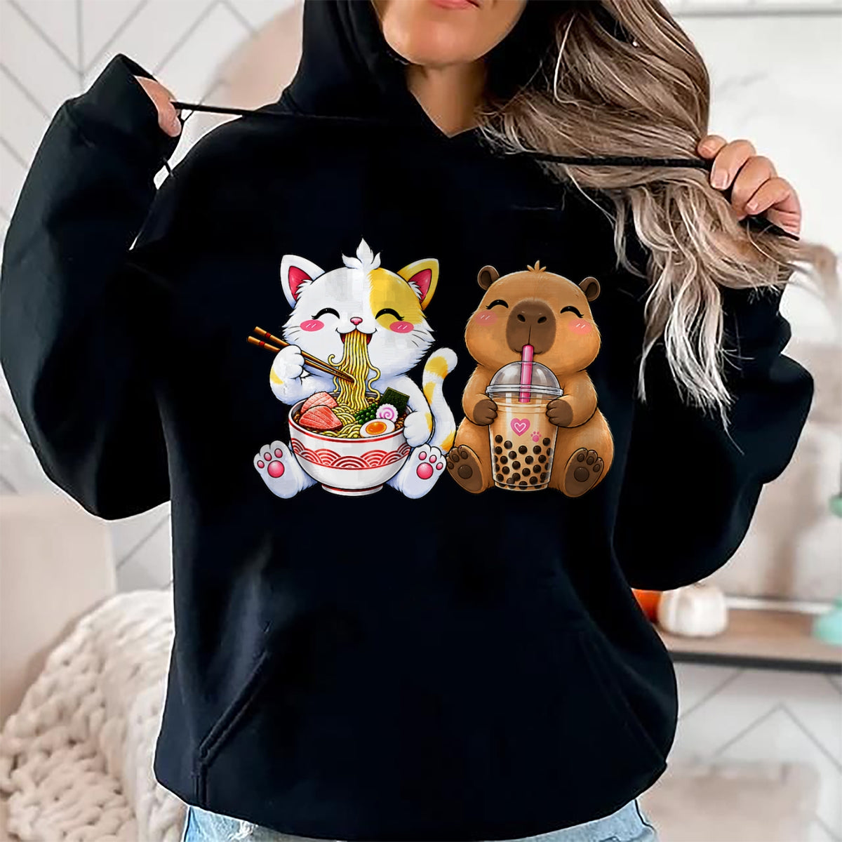 Cute Capybara Shirt, Funny Capybara Unisex T-Shirt/Hoodie/Sweatshirt HLT00 - Cute Cat Capybara Ramen Boba Kawaii Anime Noodle Bubble Tea T-Shirt