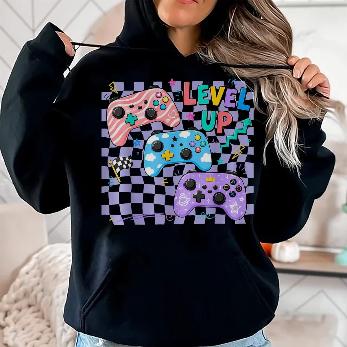 Best Student Shirt, Funny Back To School UnisexT-Shirt/Hoodie/Sweatshirt HLT00 - Retro Checkered Level Up Teacher Gaming Back to School T-Shirt, Women, Black, Large