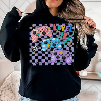Best Student Shirt, Funny Back To School UnisexT-Shirt/Hoodie/Sweatshirt HLT00 - Retro Checkered Level Up Teacher Gaming Back to School T-Shirt, Women, Black, Large