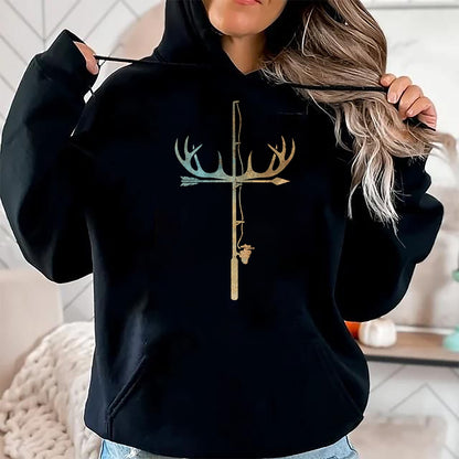 Funny Fishing Shirt, Gift For Fishing Lover Unisex T-Shirt/Hoodie/Sweatshirt HLT00 - Antler Fishing Rod Cross God Family Hunting Fishing T-Shirt