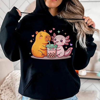 Cute Capybara Shirt, Funny Capybara Unisex T-Shirt/Hoodie/Sweatshirt HLT00 - Cute Capybara and Axolotl Bubble Tea Boba Girls Kawaii T-Shirt