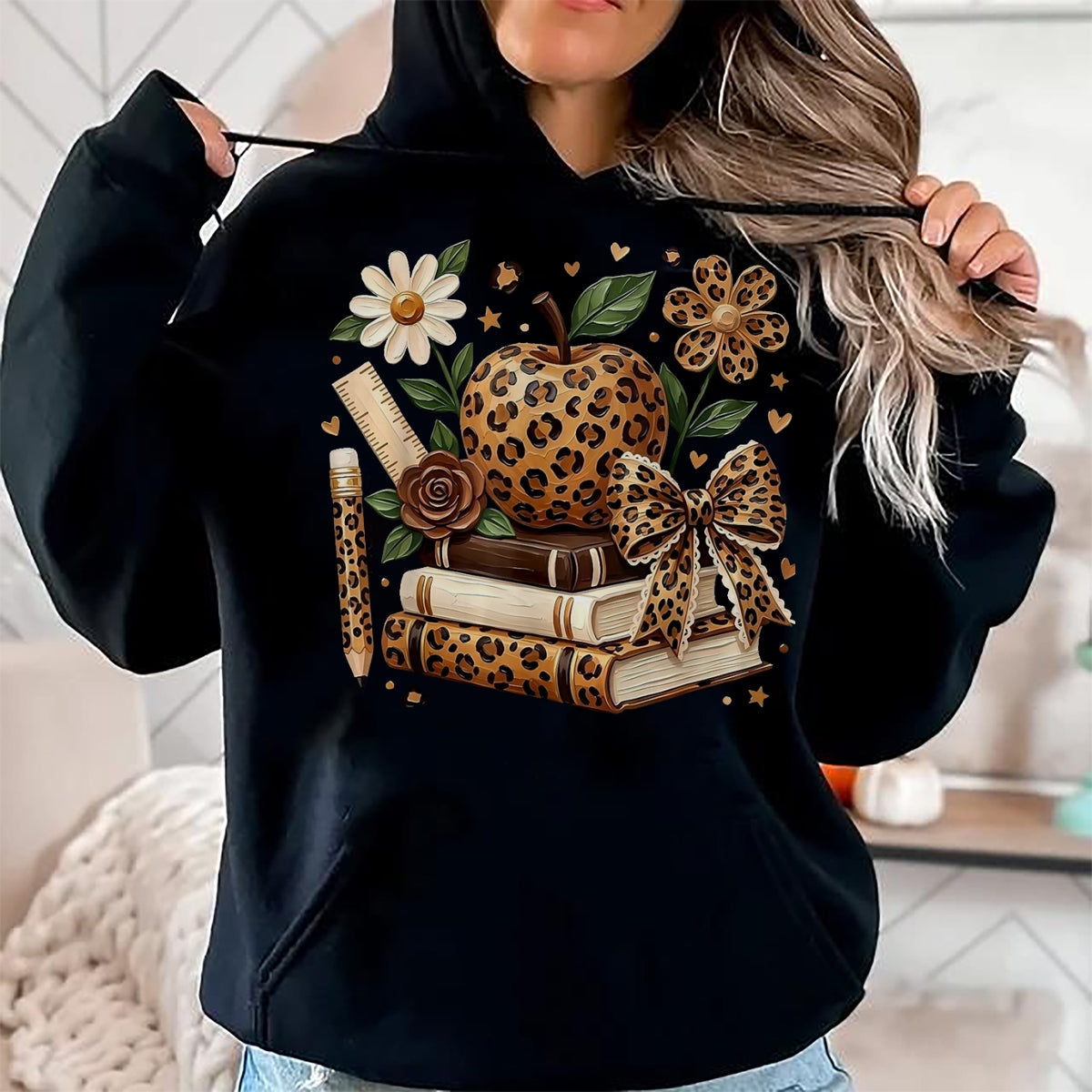 Best Student Shirt, Funny Back To School UnisexT-Shirt/Hoodie/Sweatshirt HLT00 - Leopard Apple Floral Coquette Bow Book Pencil Back to School T-Shirt, Women, White, Medium