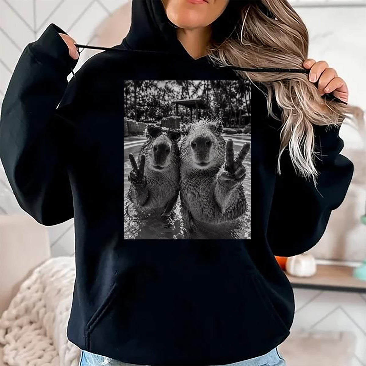 Cute Capybara Shirt, Funny Capybara Unisex T-Shirt/Hoodie/Sweatshirt HLT00 - Funny Capybara Selfie Peace Sign Men Women Cute Animal T-Shirt
