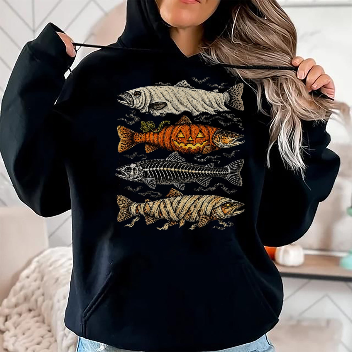 Funny Fishing Shirt, Gift For Fishing Lover Unisex T-Shirt/Hoodie/Sweatshirt HLT00 - Halloween Trout Fish Ghost Pumpkin Skeleton Mummy T-Shirt