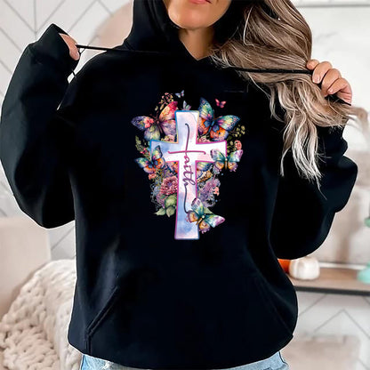Christian Tee, Christian Faith Unisex T-Shirt/Hoodie/Sweatshirt HLT00 - Faith-Cross Floral Butterflies Christ Flowers Religious T-Shirt
