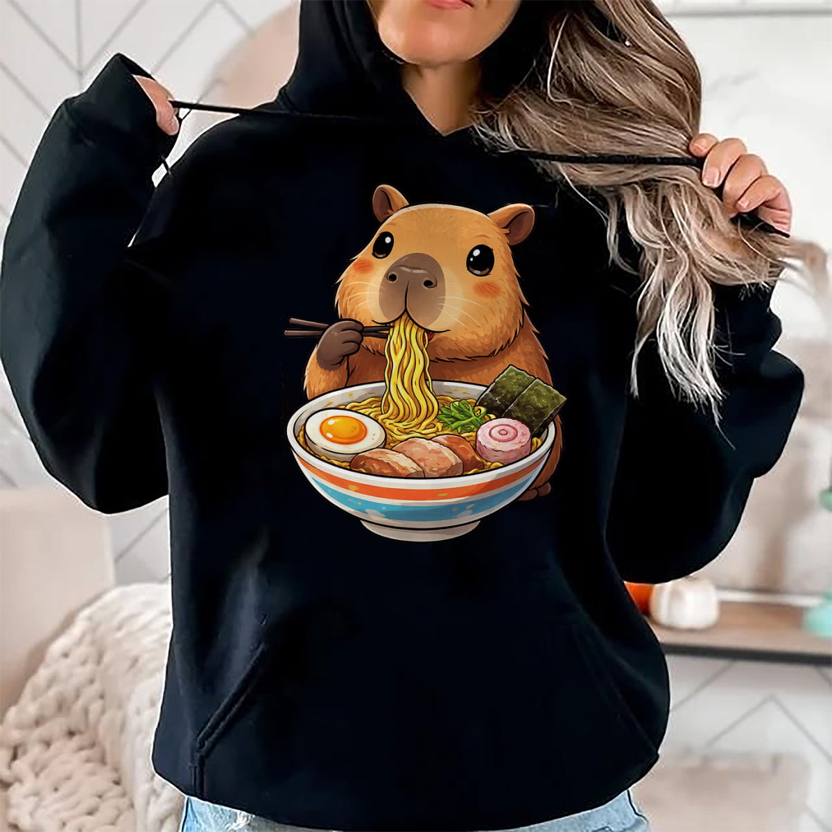 Cute Capybara Shirt, Funny Capybara Unisex T-Shirt/Hoodie/Sweatshirt HLT00 - Capybara Eating Ramen Noodles Japanese Kawaii Graphic T-Shirt