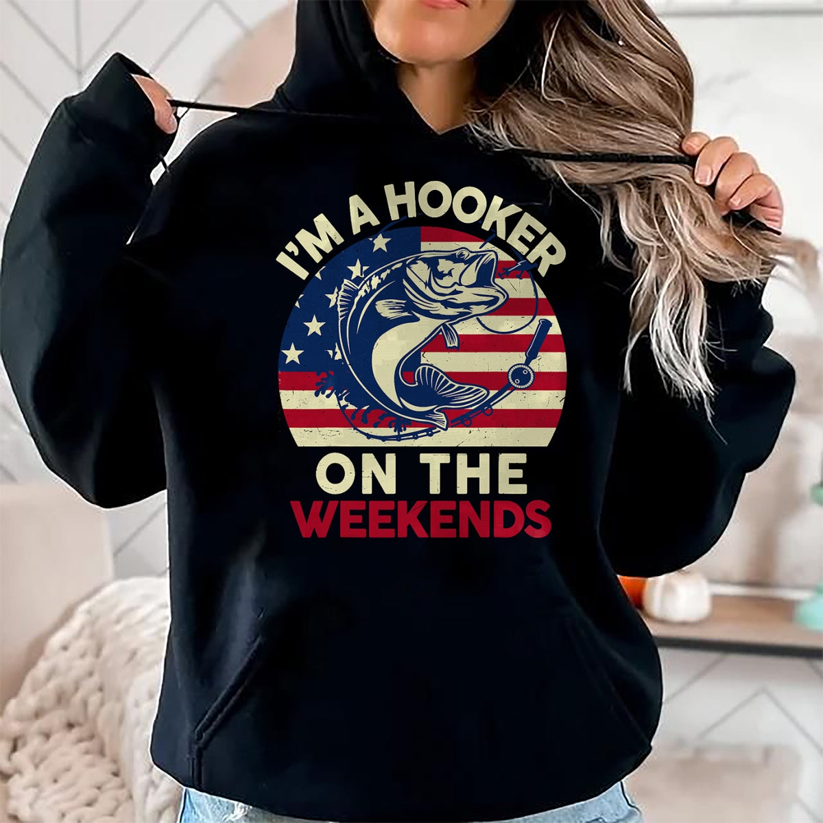 Funny Fishing Shirt, Gift For Fishing Lover Unisex T-Shirt/Hoodie/Sweatshirt HLT00 - Mens Fishing Funny Bass Fish I_m Hooker On Weekends Dad Joke T-Shirt