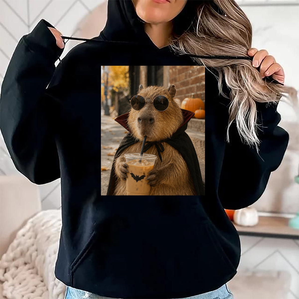 Cute Capybara Shirt, Funny Capybara Unisex T-Shirt/Hoodie/Sweatshirt HLT00 - Capybara Vampire Drinking Iced Coffee Halloween Funny Meme T-Shirt