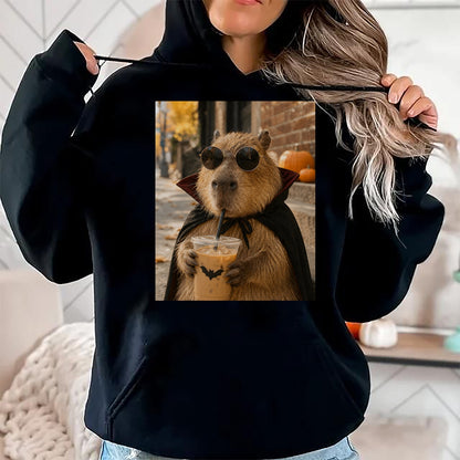 Cute Capybara Shirt, Funny Capybara Unisex T-Shirt/Hoodie/Sweatshirt HLT00 - Capybara Vampire Drinking Iced Coffee Halloween Funny Meme T-Shirt