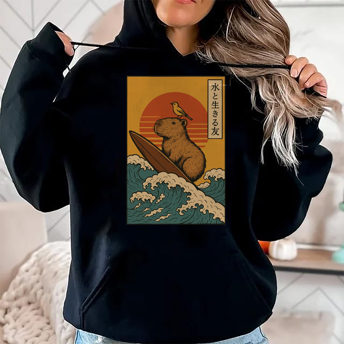 Cute Capybara Shirt, Funny Capybara Unisex T-Shirt/Hoodie/Sweatshirt HLT00 - Capybara Surfing Japanese T-Shirt
