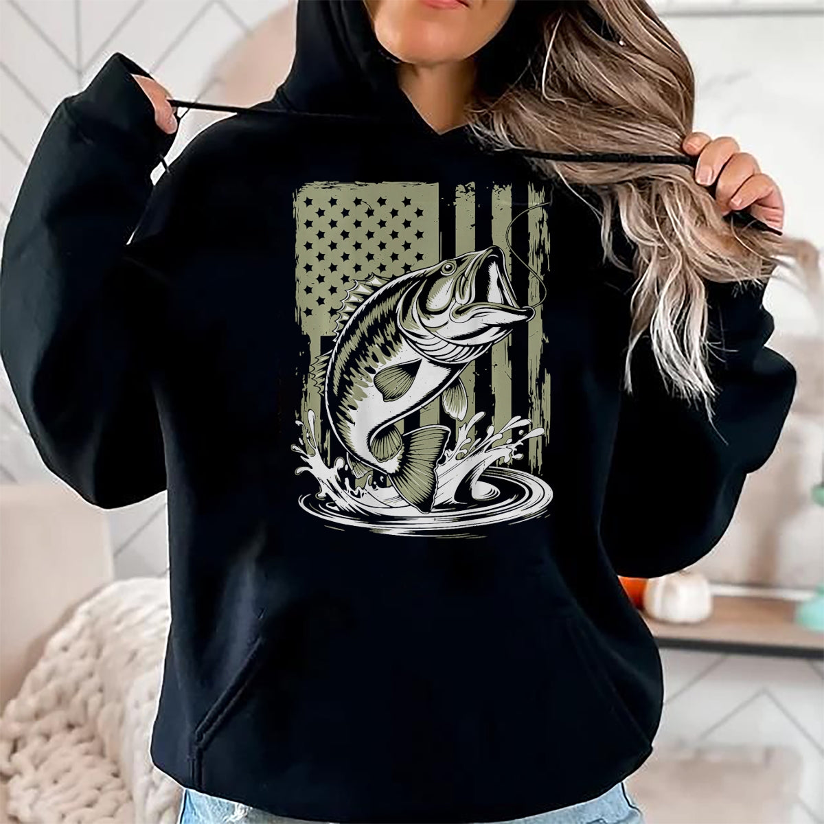 Funny Fishing Shirt, Gift For Fishing Lover Unisex T-Shirt/Hoodie/Sweatshirt HLT00 - Fishing Camo Bass Fish American Flag Men_s Graphic Fishing T-Shirt