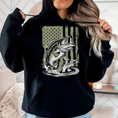 Funny Fishing Shirt, Gift For Fishing Lover Unisex T-Shirt/Hoodie/Sweatshirt HLT00 - Fishing Camo Bass Fish American Flag Men_s Graphic Fishing T-Shirt