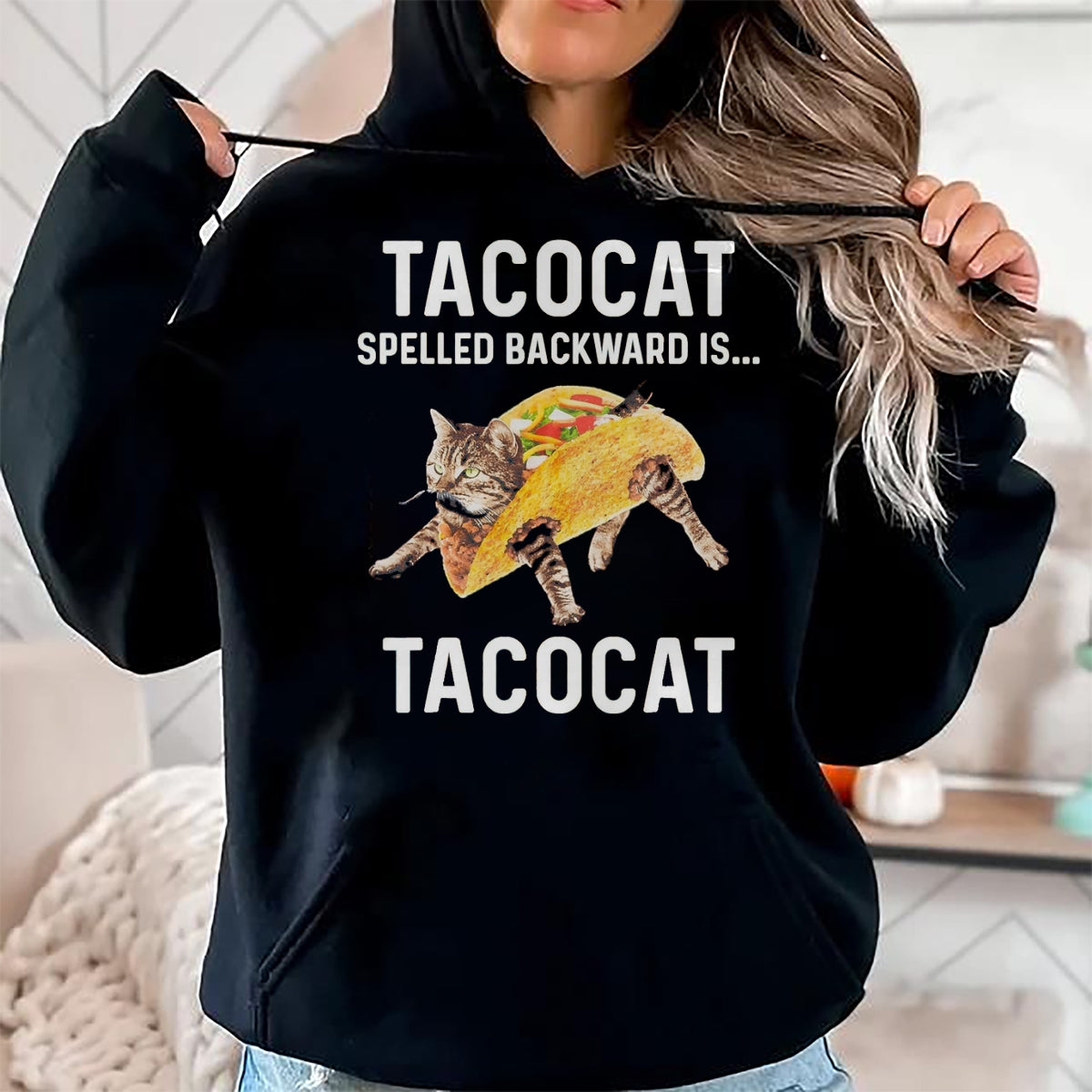 Cat Love Shirt, Funny Cat Lover Gift UnisexT-Shirt/Hoodie/Sweatshirt HLT00 - Tacocat Spelled Backward is Tacocat - Love Cat and Taco T-Shirt, Men, Black, Medium