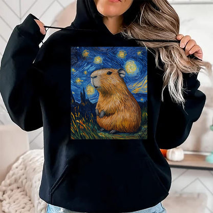 Cute Capybara Shirt, Funny Capybara Unisex T-Shirt/Hoodie/Sweatshirt HLT00 - Capybara Van Gogh Style Starry Night Funny Graphic T-Shirt