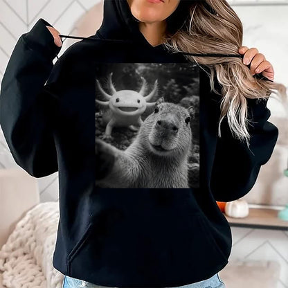 Cute Capybara Shirt, Funny Capybara Unisex T-Shirt/Hoodie/Sweatshirt HLT00 - Capybara Axolotl Selfie T-Shirt