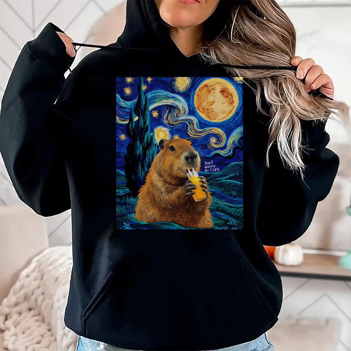 Cute Capybara Shirt, Funny Capybara Unisex T-Shirt/Hoodie/Sweatshirt HLT00 - Capybara in Van Gogh Starry Night Don_t Worry Be Capy Cappy T-Shirt