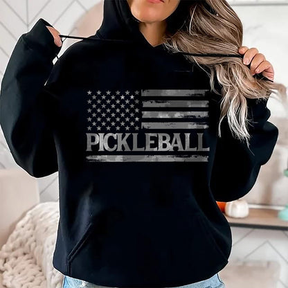 Funny Pickleball Shirt, Pickleball Lover Unisex T-Shirt/Hoodie/Sweatshirt HLT00 - Pickleball Grey Vintage USA Flag Player Coach T-Shirt