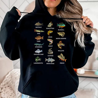 Funny Fishing Shirt, Gift For Fishing Lover Unisex T-Shirt/Hoodie/Sweatshirt HLT00 - Types of Freshwater Fish Species Fishing Fisherman Anglers T-Shirt