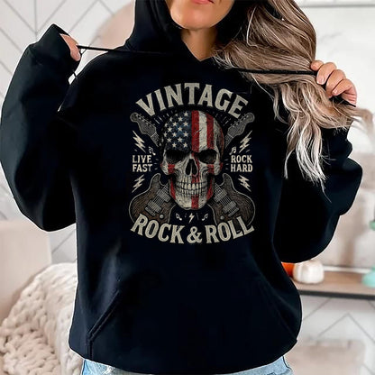 Guitar Lover Shirt, Funny Guitar UnisexT-Shirt/Hoodie/Sweatshirt HLT00 - Vintage Rock Skull American Flag Guitar Retro Rock and Roll T-Shirt, Men, Black, Large