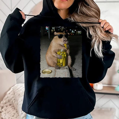 Cute Capybara Shirt, Funny Capybara Unisex T-Shirt/Hoodie/Sweatshirt HLT00 - Funny Capybara Eating Pickles Meme T-Shirt, Men, Black, 3X-Large