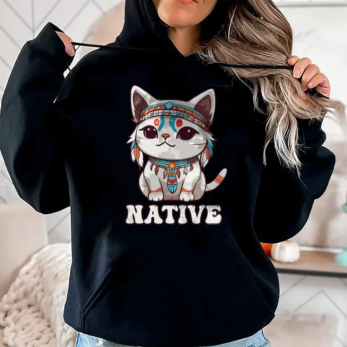 Native American T-Shirts, Vintage Native American Unisex T-Shirt/Hoodie/Sweatshirt HLT00 - Cute American Native Indian Kawaii Cat Woman Girl