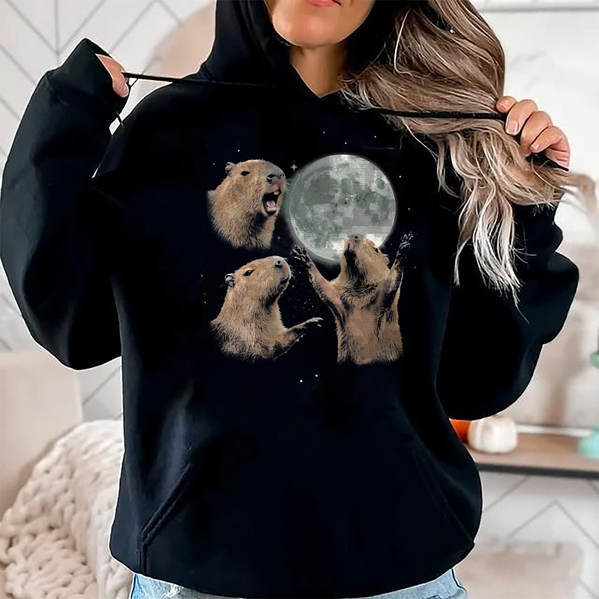 Cute Capybara Shirt, Funny Capybara Unisex T-Shirt/Hoodie/Sweatshirt HLT00 - Funny Capybara Howling at Moon Vintage 90s Graphic T-Shirt