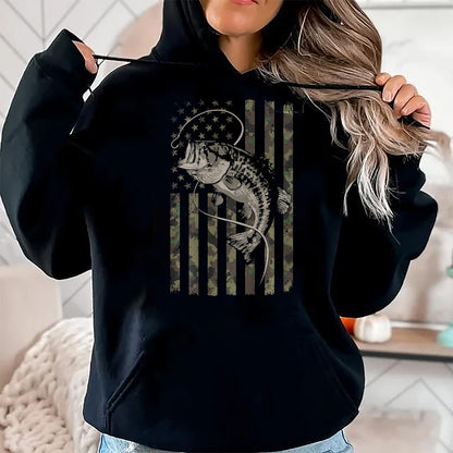 Funny Fishing Shirt, Gift For Fishing Lover Unisex T-Shirt/Hoodie/Sweatshirt HLT00 - Fishing Camo American Flag Bass Fish (Design on Back) T-Shirt