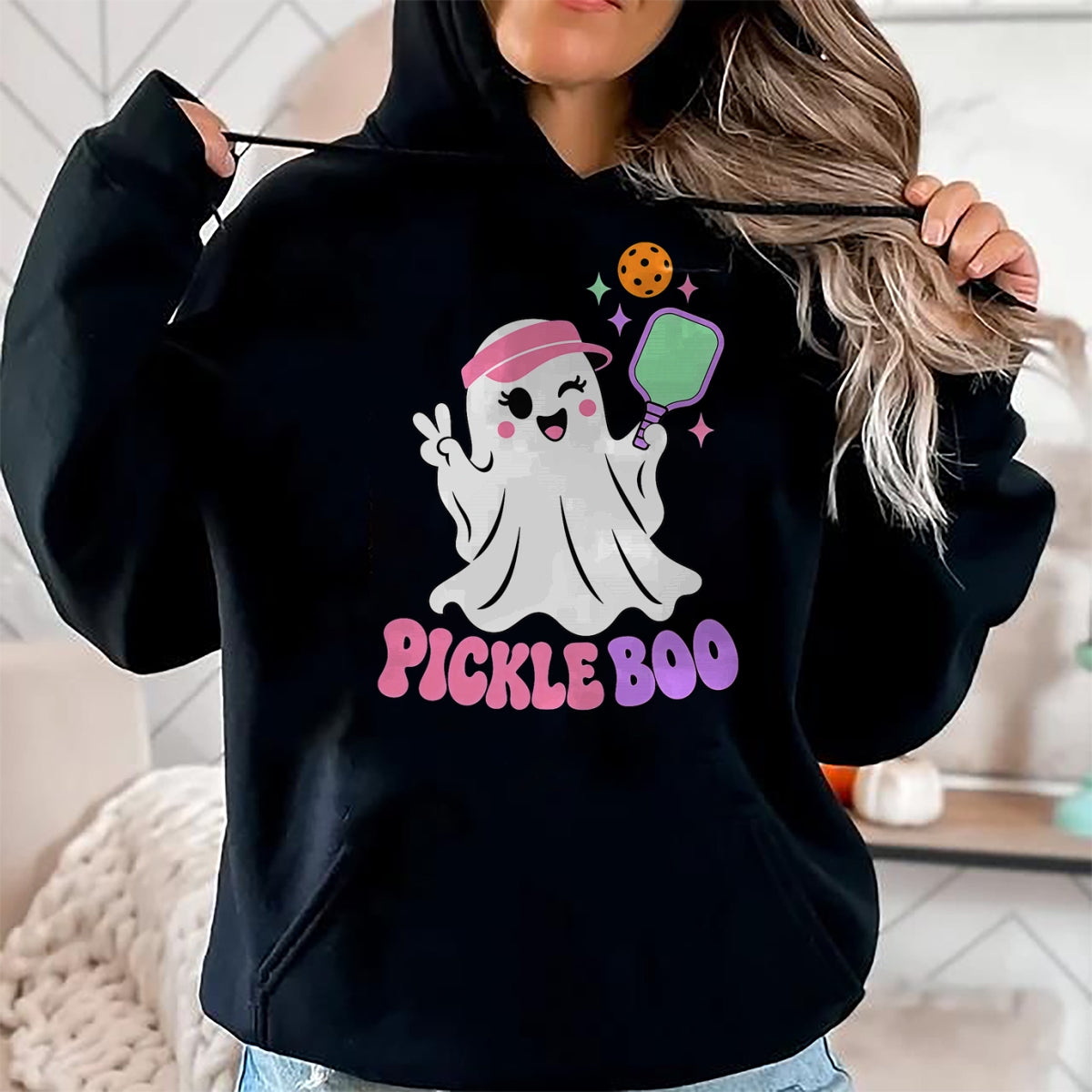 Funny Pickleball Shirt, Pickleball Lover Unisex T-Shirt/Hoodie/Sweatshirt HLT00 - Halloween Pickleball Ghost Girls Women Pickleball Halloween T-Shirt