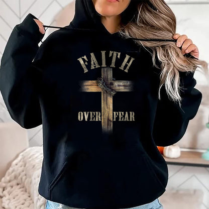 Christian Tee, Christian Faith Unisex T-Shirt/Hoodie/Sweatshirt HLT00 - Faith Over Fear American Christian Cross God Jesus (on back) T-Shirt (1)