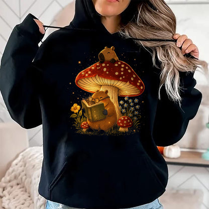 Cute Capybara Shirt, Funny Capybara Unisex T-Shirt/Hoodie/Sweatshirt HLT00 - Capybara Reading Book Mushroom Cottagecore Aesthetic Women T-Shirt