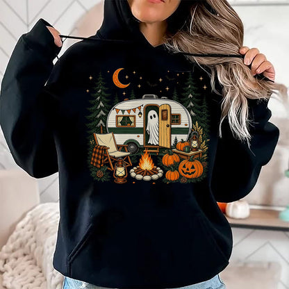 Funny Camping Shirt, Gift For Camping Lover Unisex T-Shirt/Hoodie/Sweatshirt HLT00 - Halloween Ghost Fall RV Camping Autumn Moon Night Funny T-Shirt