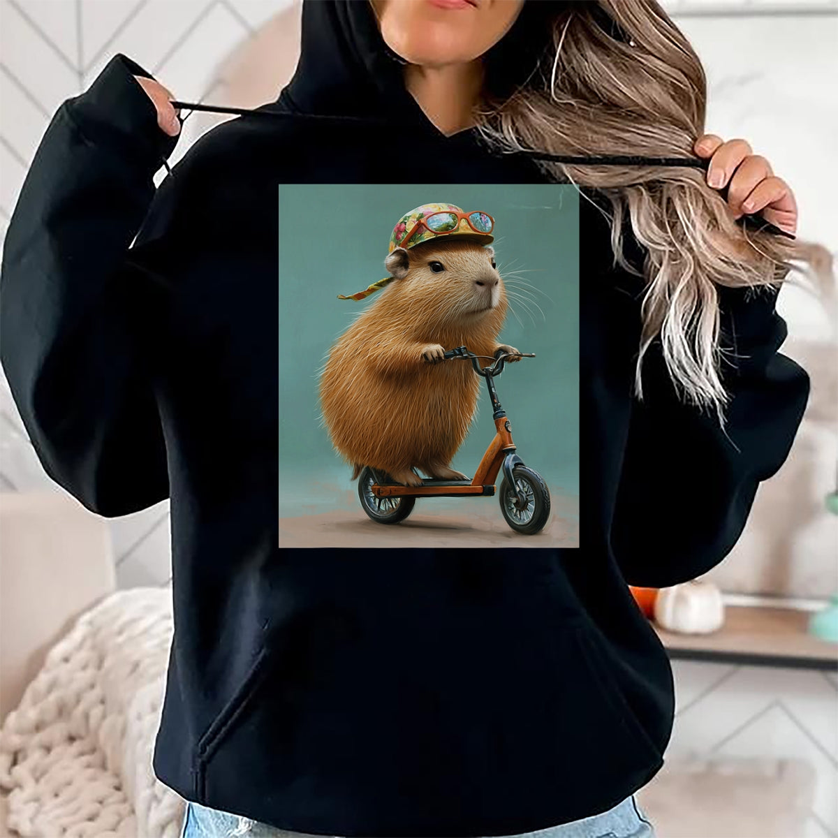 Cute Capybara Shirt, Funny Capybara Unisex T-Shirt/Hoodie/Sweatshirt HLT00 - Capybara Riding Scooter with Glasses Funny Graphic T-Shirt