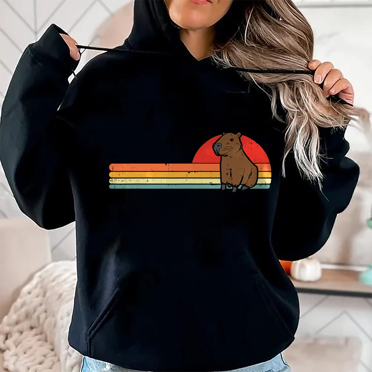 Cute Capybara Shirt, Funny Capybara UnisexT-Shirt/Hoodie/Sweatshirt HLT00 - Capybara Chest Sunset Retro Capy Rodent Men Women Kids Youth T-Shirt
