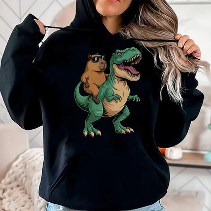Cute Capybara Shirt, Funny Capybara Unisex T-Shirt/Hoodie/Sweatshirt HLT00 - Capybara Riding T-Rex T-Shirt