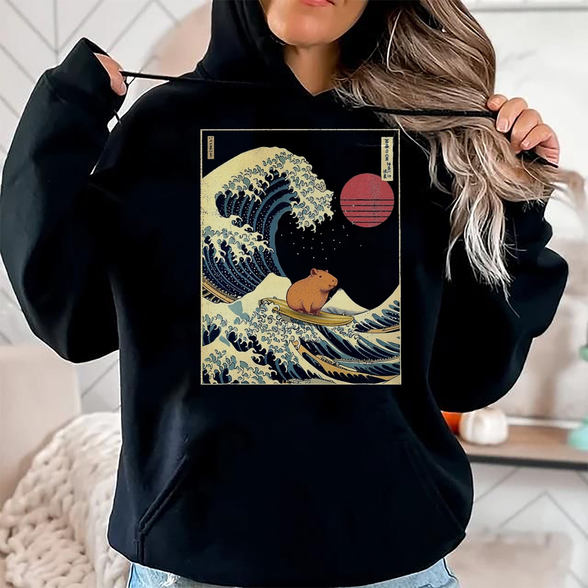 Cute Capybara Shirt, Funny Capybara Unisex T-Shirt/Hoodie/Sweatshirt HLT00 - Capybara Japanese Kanagawa Wave Funny Surf Animal T-Shirt, Men, Black, 3X-Large