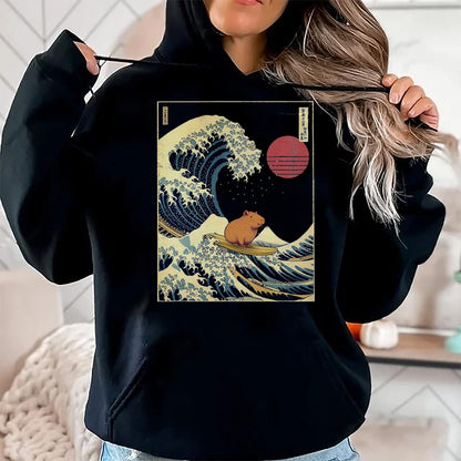 Cute Capybara Shirt, Funny Capybara Unisex T-Shirt/Hoodie/Sweatshirt HLT00 - Capybara Japanese Kanagawa Wave Funny Surf Animal T-Shirt, Men, Black, 3X-Large