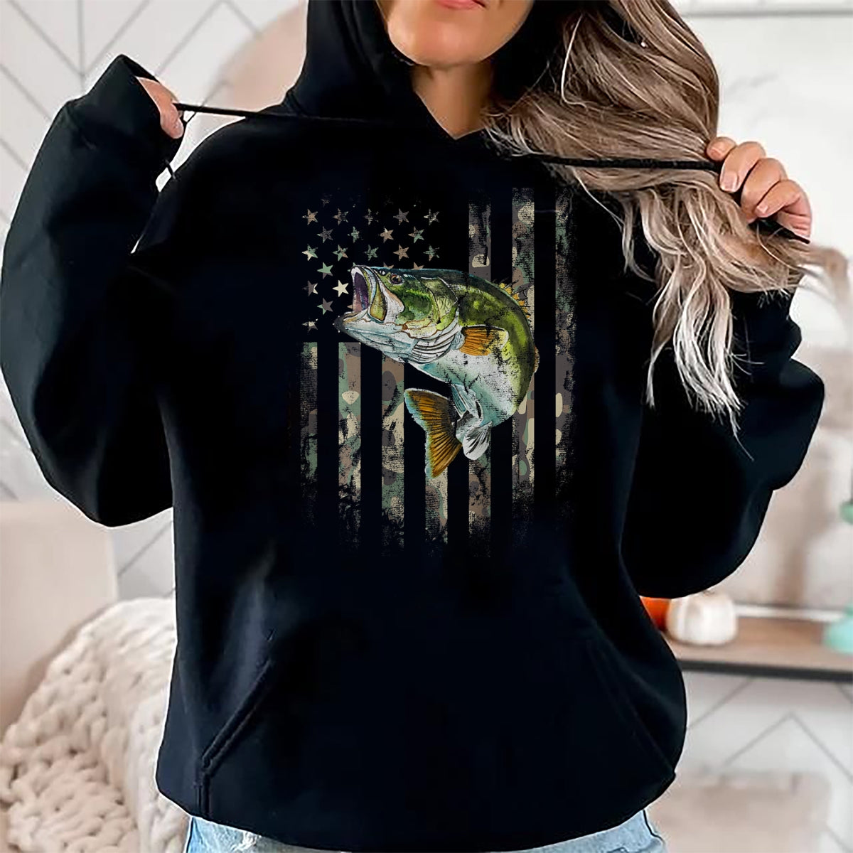 Funny Fishing Shirt, Gift For Fishing Lover Unisex T-Shirt/Hoodie/Sweatshirt HLT00 - (Art on Back) American Flag Camo Bass Fish Fishing T-Shirt