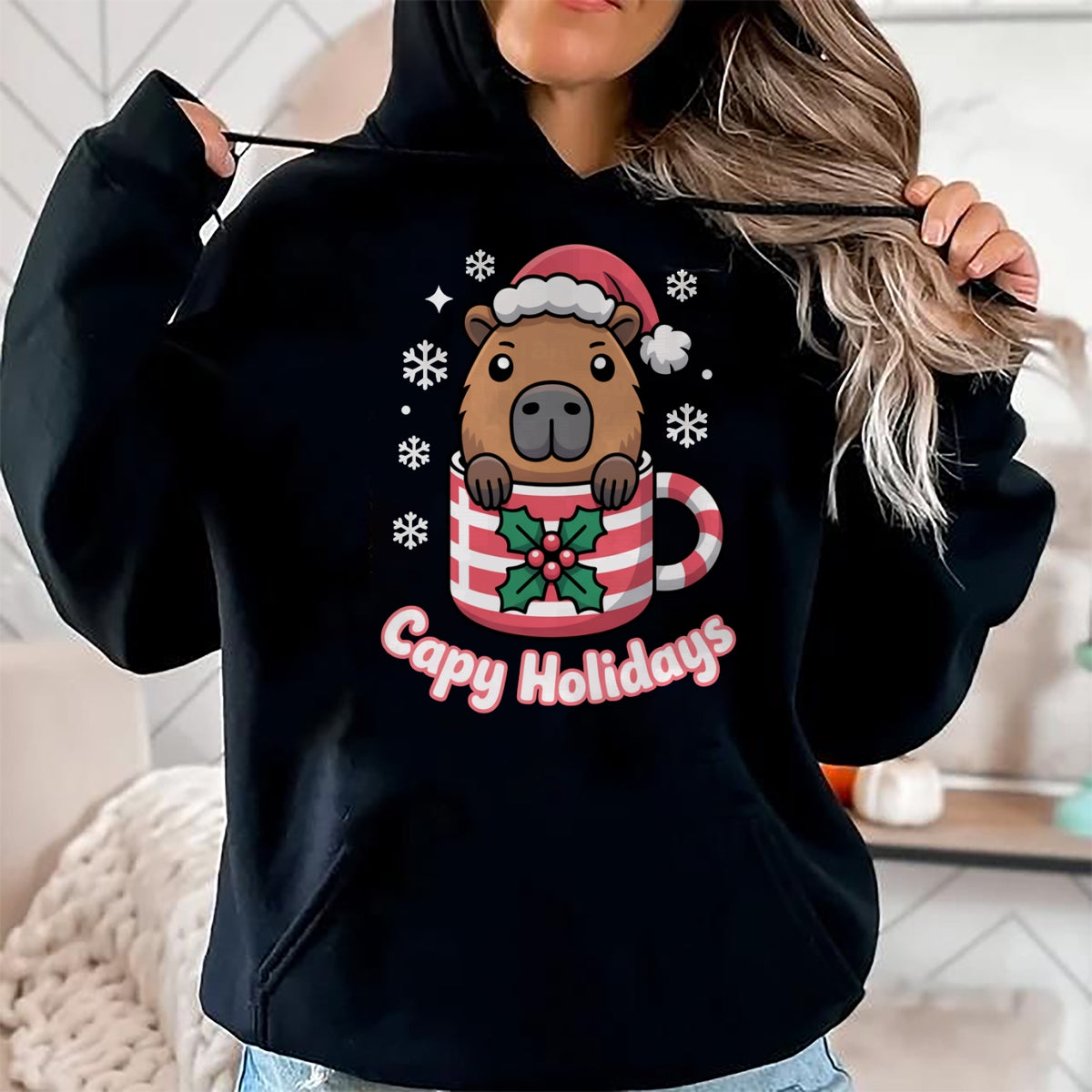 Cute Capybara Shirt, Funny Capybara UnisexT-Shirt/Hoodie/Sweatshirt HLT00 - Capy Holidays Cute Capybara Christmas Santa Hat Long Sleeve T-Shirt