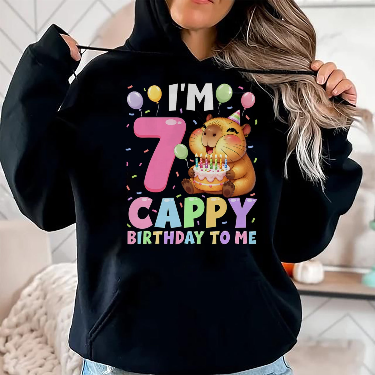 Cute Capybara Shirt, Funny Capybara Unisex T-Shirt/Hoodie/Sweatshirt HLT00 - Kawaii Girl Capybara 7th Birthday to Me Balloons Capy Cake T-Shirt