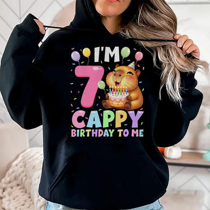 Cute Capybara Shirt, Funny Capybara Unisex T-Shirt/Hoodie/Sweatshirt HLT00 - Kawaii Girl Capybara 7th Birthday to Me Balloons Capy Cake T-Shirt