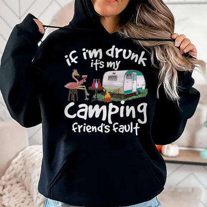 Funny Camping Shirt, Gift For Camping Lover Unisex T-Shirt/Hoodie/Sweatshirt HLT00 - If I_m Drunk It_s My Camping Friend_s Fault Funny Flamingo T-Shirt, Men, Black, 3X-Large