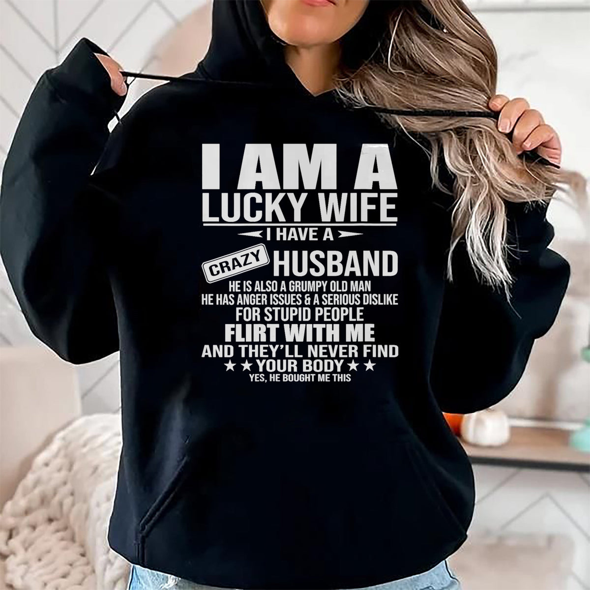 Best Wife Shirt, Wife and Husband Unisex T-Shirt/Hoodie/Sweatshirt HLT00 - Gift for wife T shirt, lucky wife   I Am A Lucky Wife I Have A Crazy Husband V-Neck T-Shirt (2)