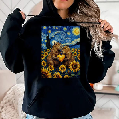 Cute Capybara Shirt, Funny Capybara Unisex T-Shirt/Hoodie/Sweatshirt HLT00 - Capybara Starry Night with Heart and Sunflowers Long Sleeve T-Shirt