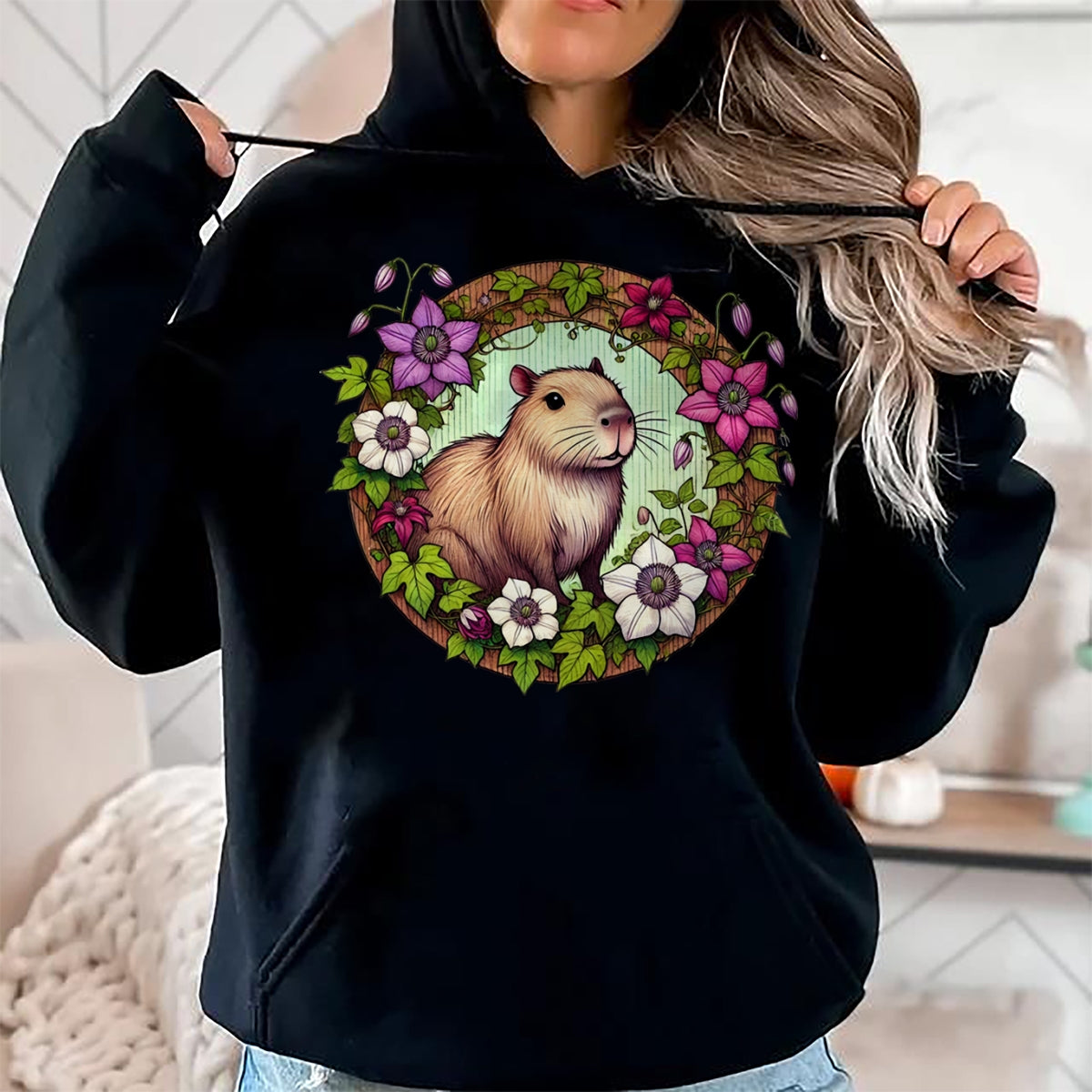 Cute Capybara Shirt, Funny Capybara Unisex T-Shirt/Hoodie/Sweatshirt HLT00 - Capybara floral Illustration Long Sleeve T-Shirt