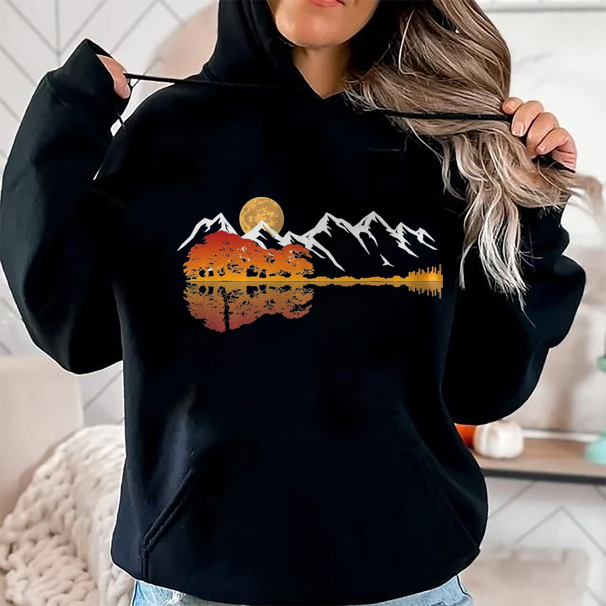 Guitar Lover Shirt, Funny Guitar UnisexT-Shirt/Hoodie/Sweatshirt HLT00 - Guitar Lake Mountain Reflections Shadow Love Guitar Musician T-Shirt, Men, Heather Blue, X-Large