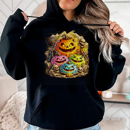 Funny Pickleball Shirt, Pickleball Lover Unisex T-Shirt/Hoodie/Sweatshirt HLT00 - Halloween Pickleball Pumpkins and Skeletons T-Shirt