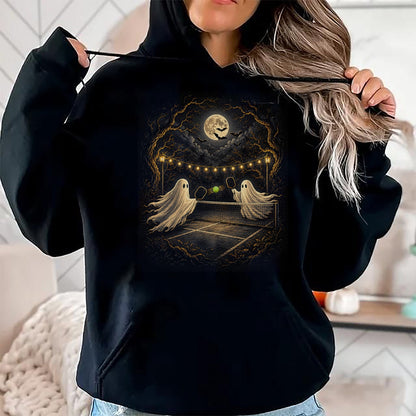 Funny Pickleball Shirt, Pickleball Lover Unisex T-Shirt/Hoodie/Sweatshirt HLT00 - Ghosts on Court Full Moon Bats Ghostly Halloween Pickleball T-Shirt