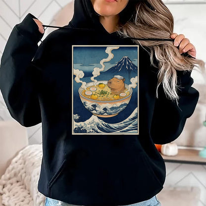 Cute Capybara Shirt, Funny Capybara Unisex T-Shirt/Hoodie/Sweatshirt HLT00 - Cute Capybara Ramen Mt Fuji Ukiyo-e Great Wave Japanese Art T-Shirt